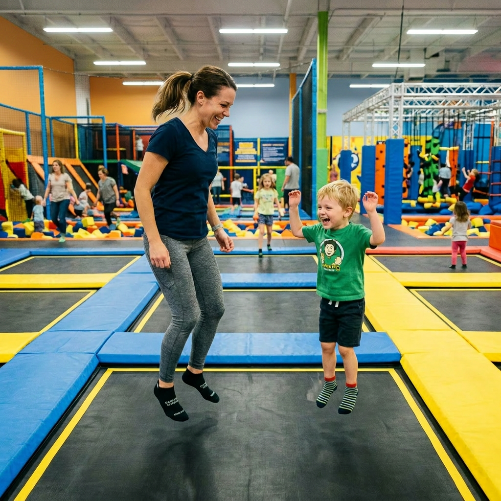 Woman and young boy jumping on trampolines in an indoor trampoline park