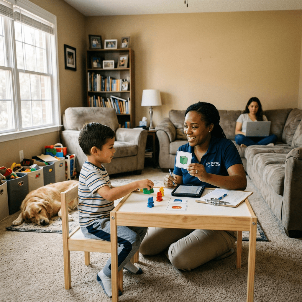 image4 Therapist showing a shape card to a young boy playing with colored figures at a small table